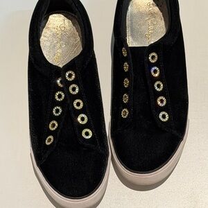 Lilly Pulitzer Black Velvet Sneakers with Gold Accents